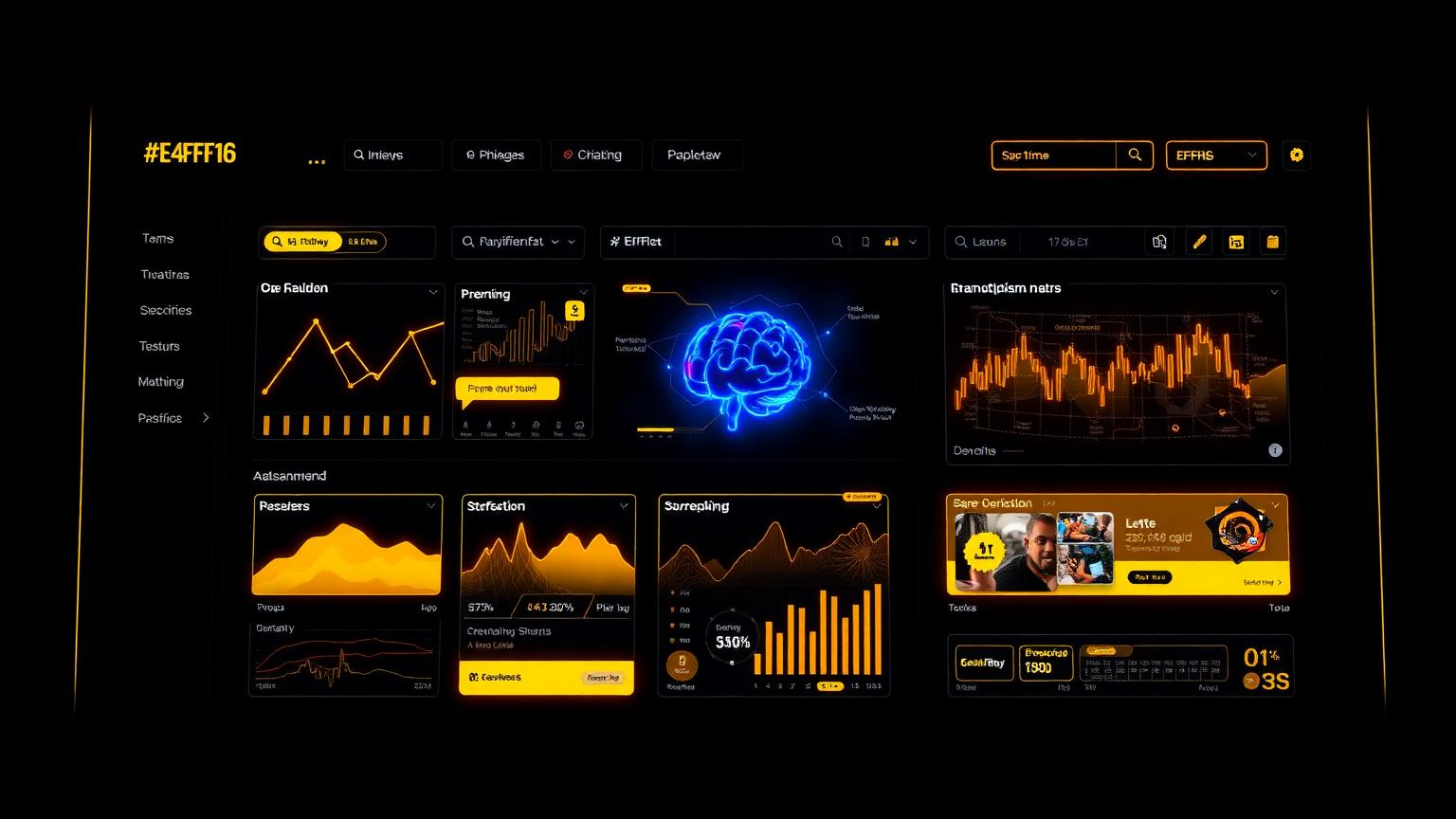 Painel de criação de anúncios com IA, gráficos de performance e criativos generativos em estilo neon amarelo Altavance