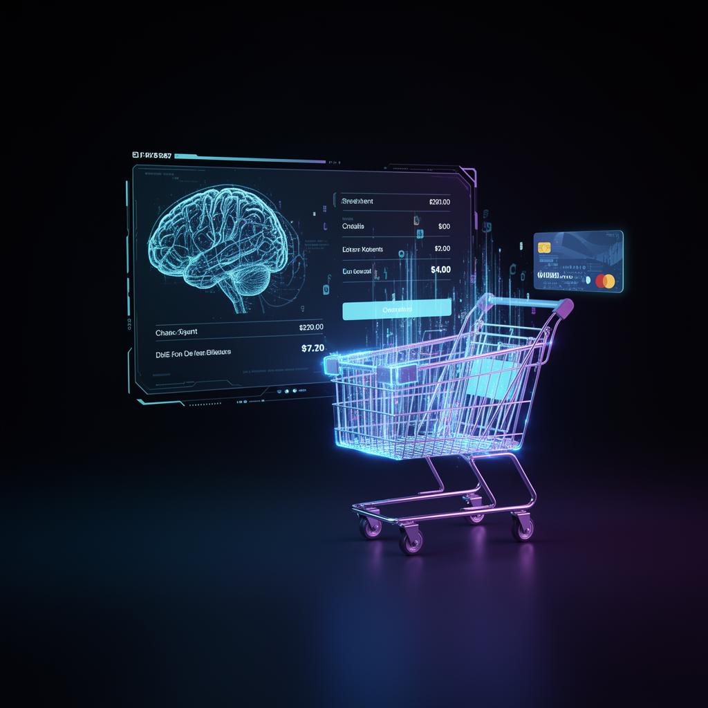 A Nova Economia do Checkout: Inteligência Artificial transformando o e-commerce — carrinho holográfico com IA neural