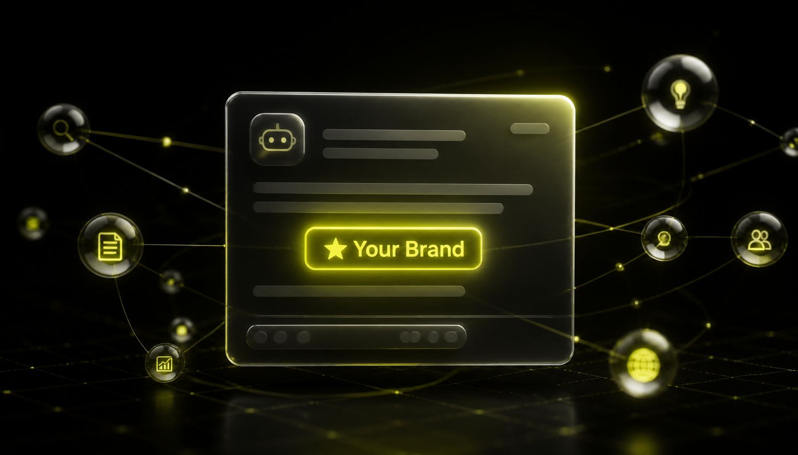 Cartão de resposta de IA em vidro, no escuro, com um selo neon amarelo de fonte citada em destaque conectado a balões de chat — representando uma marca citada e recomendada pela IA